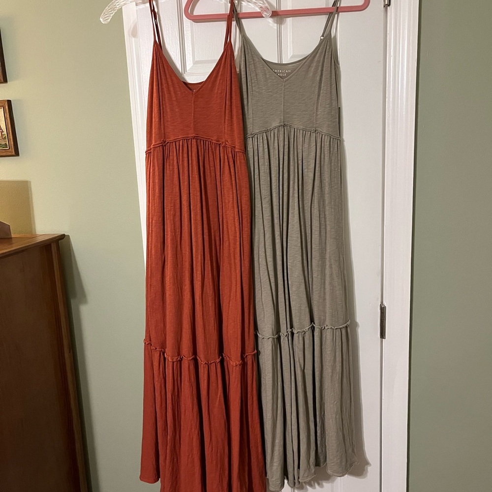 Two Sleeveless Maxi Dresses in Rust and Sage